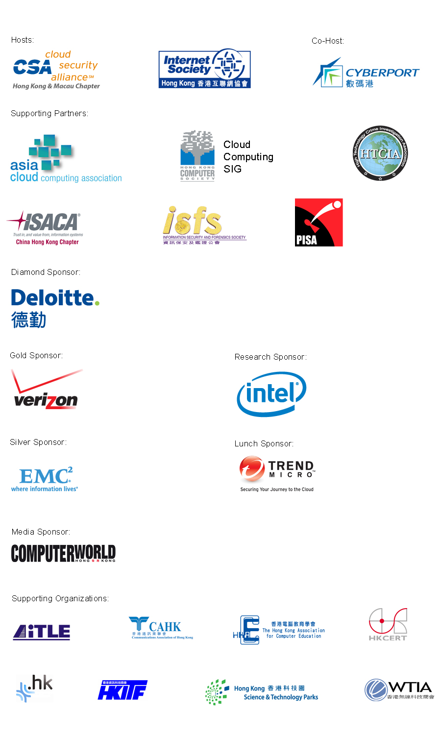 Hosts - CSA, ISOC HK, Cyberport/ Supporting Partners - ASIA Cloud, HKCS, HTCIA, ISACA, isfs, PISA, Diamond Sponsor - Deloitte/ Gold Sponsor - Verizon/ Silver Sponsor - EMC square/ Research Sponsor - Intel/ Lunch Sponsor - Trend Micro/ Media Sponsor - Computer World/ Supporting Organization - iTLE, CAHK, HKACE, HKCERT, ITC HK, HKITF, HKSTPC, WTIA